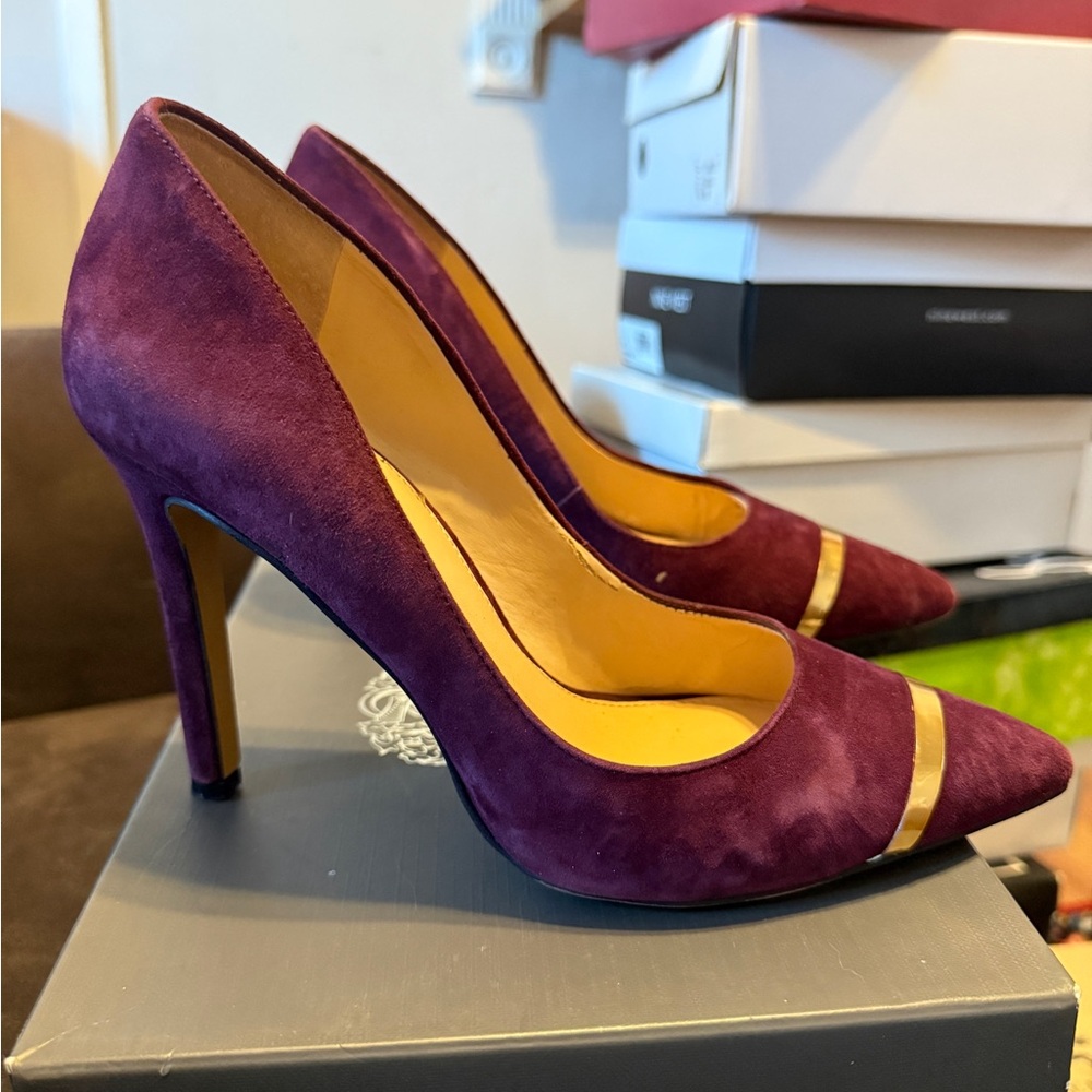 Vince Camuto Purple Dark Garnet Suede Heels with Gold Accent